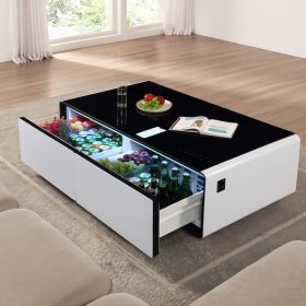 Modern Smart Coffee Table with Built-in Fridge, Bluetooth Speaker, Wireless Charging, Touch Control Panel, Power Socket, USB Interface, Outlet Protect (Color: White)